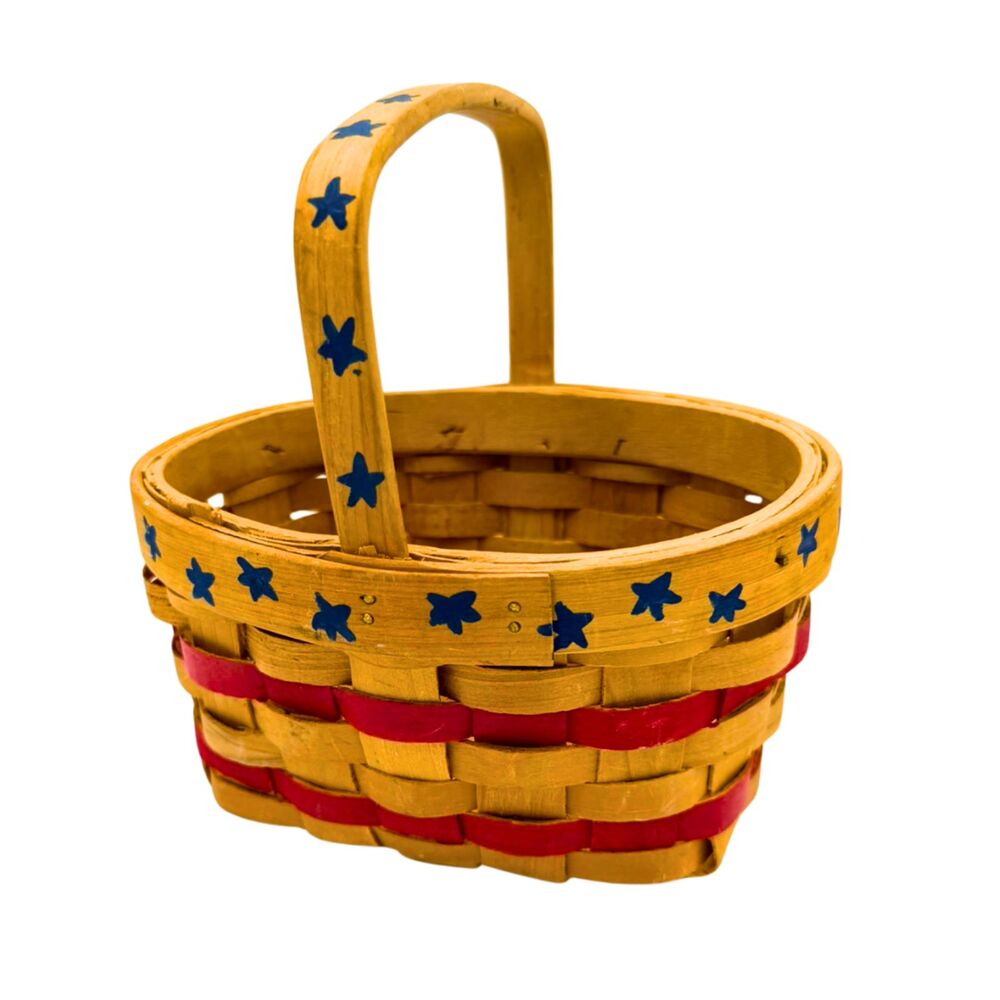 Vintage Patriotic Americana Woven Wood Basket Red and Blue Hand Painted Stars 7" - Picture 2 of 7